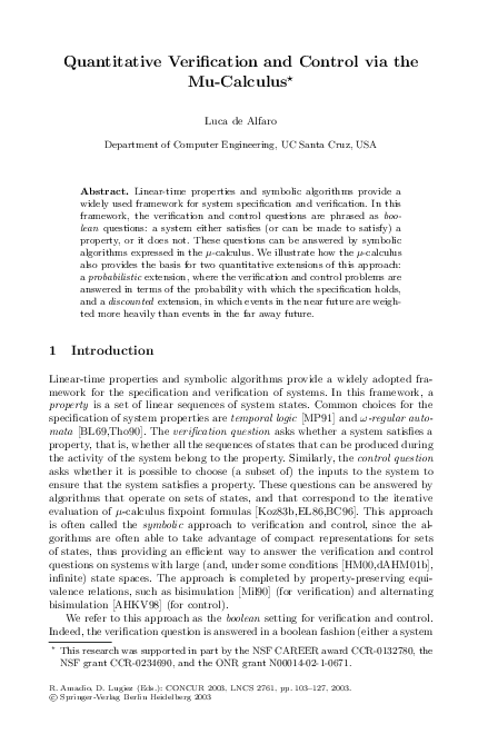 (PDF) Quantitative Verification and Control via the Mu-Calculus