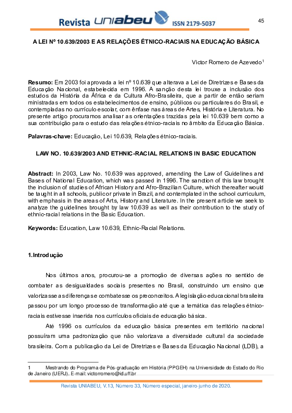 (PDF) A Lei Nº 10.639/2003 e as Relações Étnico-Raciais Na Educação Básica