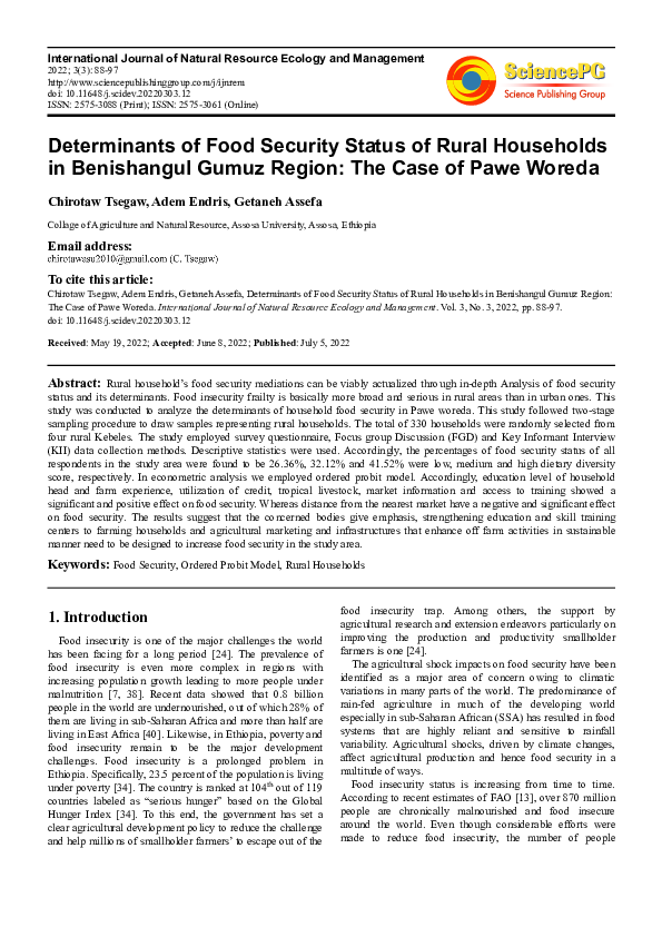 (PDF) Determinants of Food Security Status of Rural Households in ...