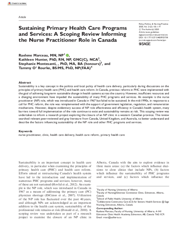 (PDF) Sustaining Primary Health Care Programs and Services: A Scoping ...