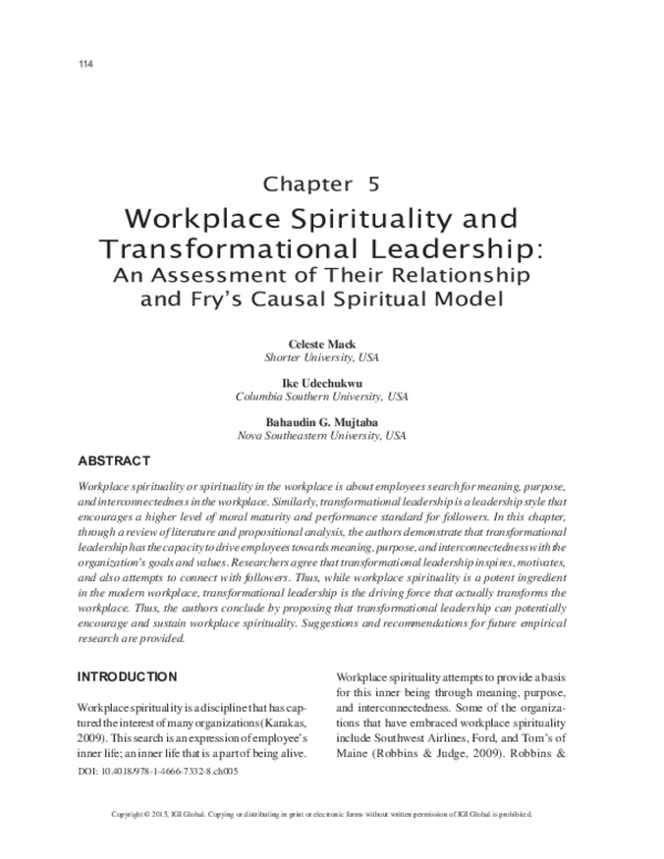(PDF) Workplace Spirituality and Transformational Leadership