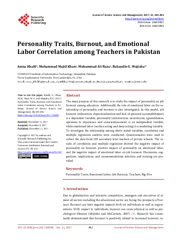 (PDF) Personality Traits, Burnout, and Emotional Labor Correlation ...