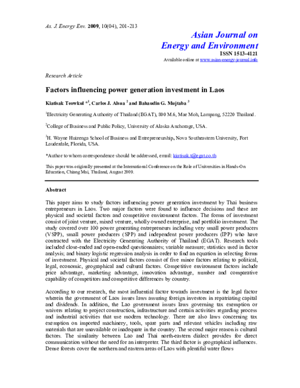(PDF) Factors influencing power generation investment in Laos