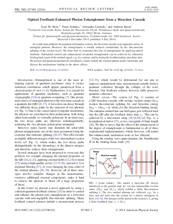 (PDF) Optical Feedback-Enhanced Photon Entanglement from a Biexciton ...