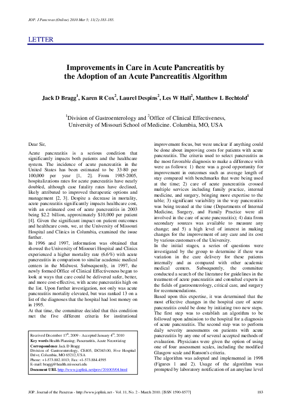 (PDF) Improvements in care in acute pancreatitis by the adoption of an ...