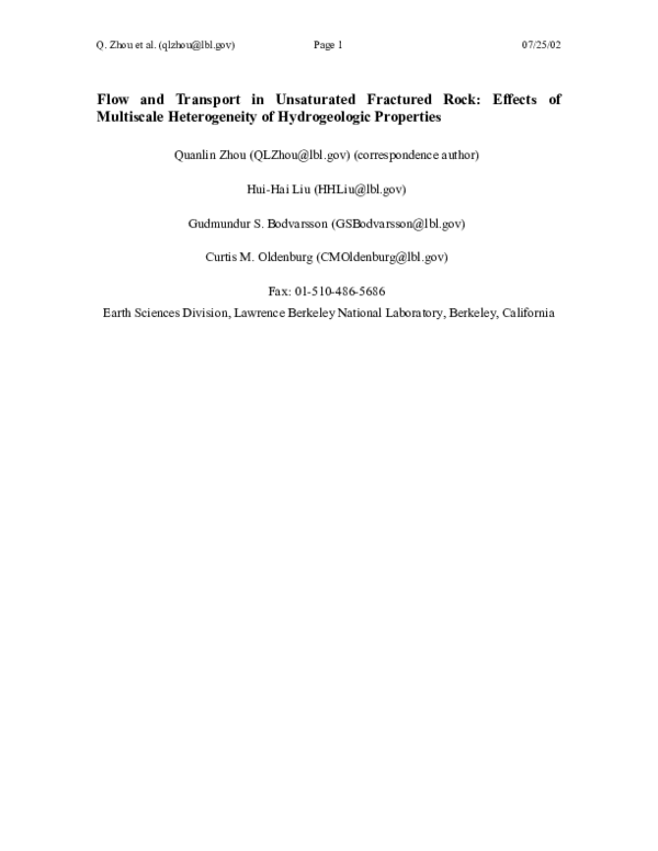 (PDF) Flow and transport in unsaturated fractured rock: Effects of ...