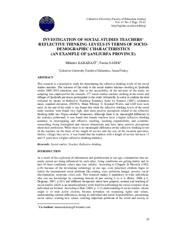 (PDF) Investigation of Social Studies Teachers’ Reflective Thinking ...