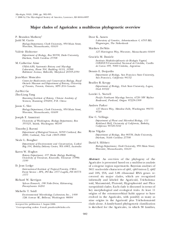 (PDF) Major clades of Agaricales: a multilocus phylogenetic overview