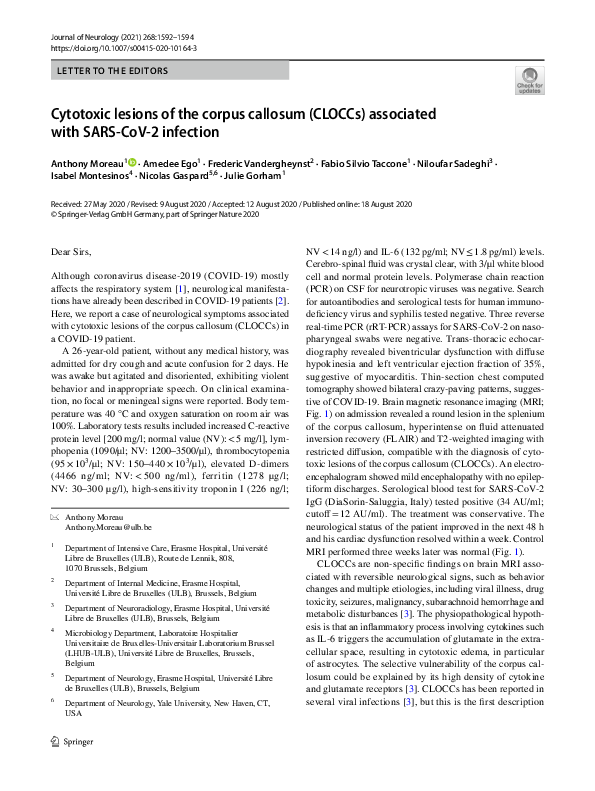 (PDF) Cytotoxic lesions of the corpus callosum (CLOCCs) associated with ...