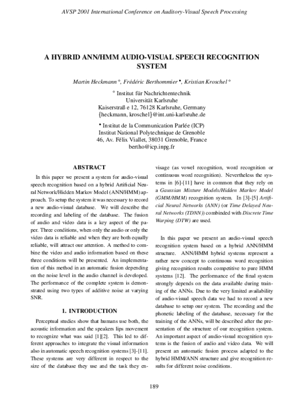 (PDF) A hybrid ANN/HMM audio-visual speech recognition system
