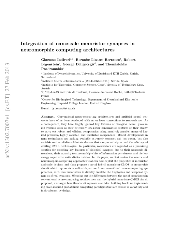 (PDF) Integration of nanoscale memristor synapses in neuromorphic ...
