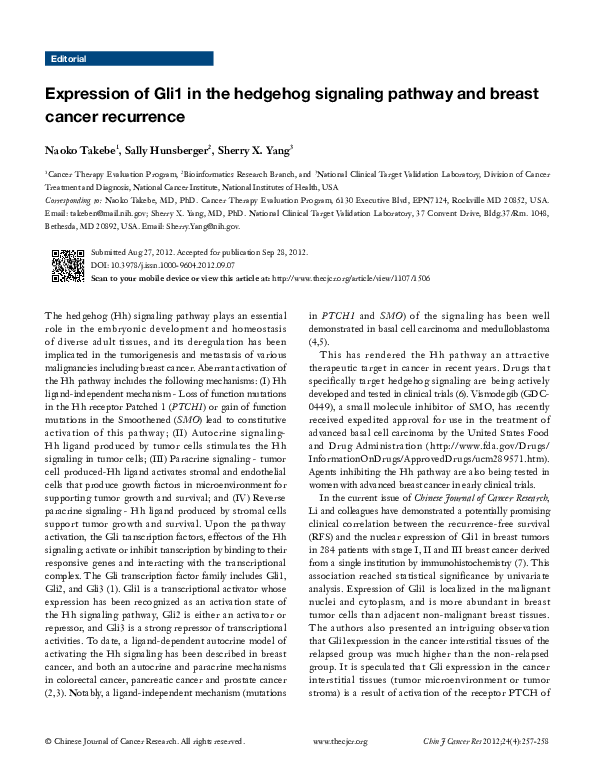 (PDF) Expression of Gli1 in the hedgehog signaling pathway and breast ...