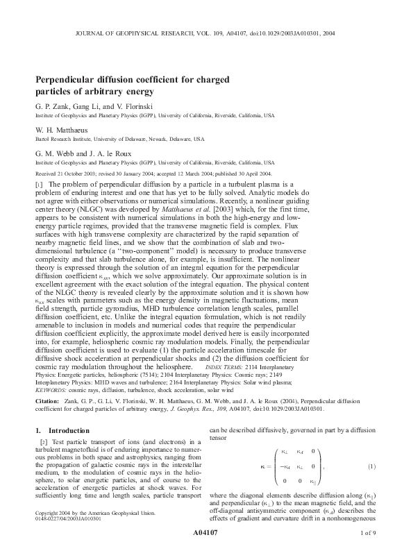 (PDF) Perpendicular diffusion coefficient for charged particles of ...