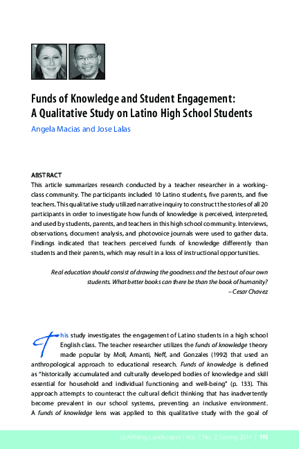 (PDF) Funds of Knowledge and Student Engagement: A Qualitative Study on ...
