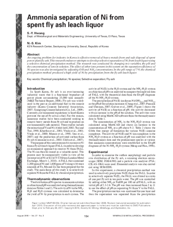 (PDF) Ammonia separation of Ni from spent fly ash leach liquor