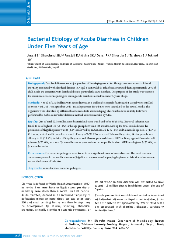 (PDF) Bacterial etiology of acute diarrhea in children under five years ...