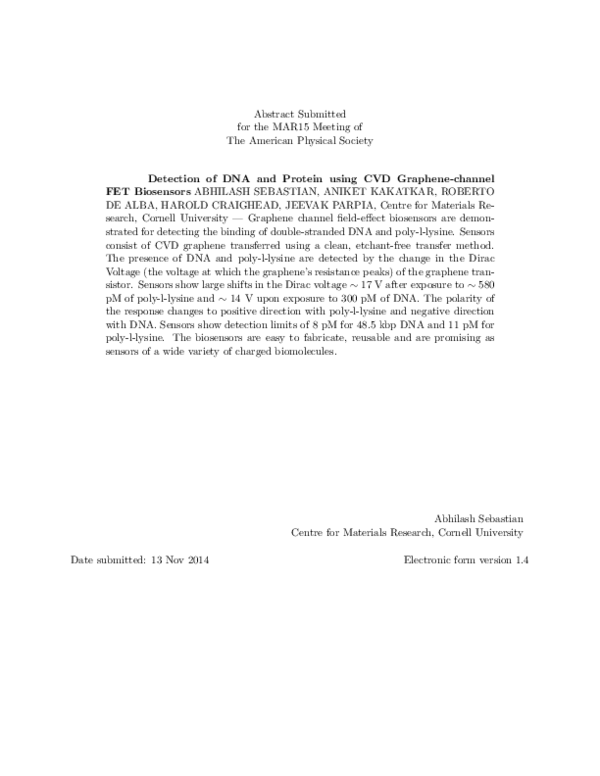 (PDF) Detection of DNA and Protein using CVD Graphene-channel FET ...
