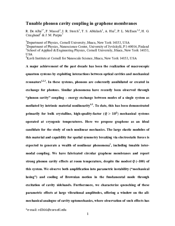 (PDF) Tunable phonon-cavity coupling in graphene membranes