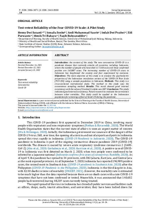 (PDF) Test-retest Reliability of the Fear COVID-19 Scale: A Pilot Study