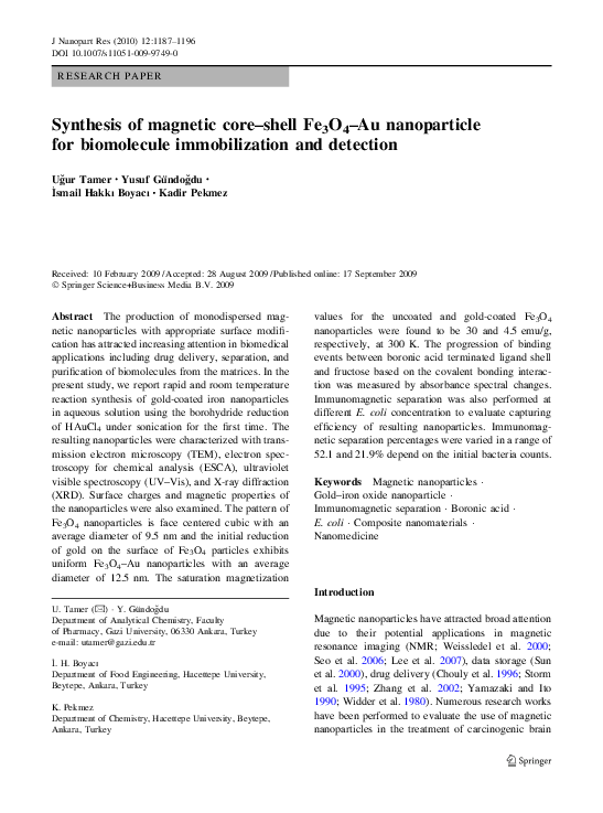 (PDF) Synthesis of magnetic core–shell Fe3O4–Au nanoparticle for ...