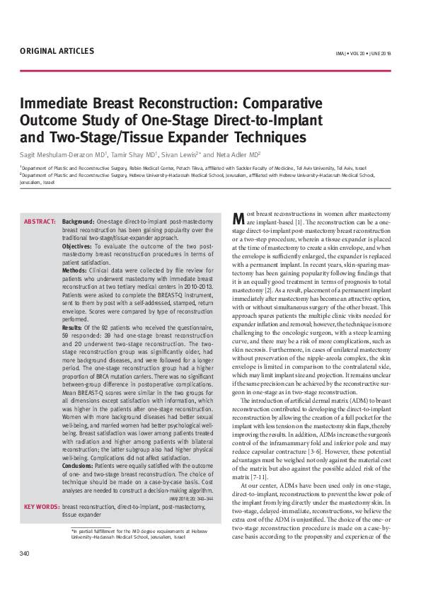 (PDF) Immediate Breast Reconstruction: Comparative Outcome Study of One ...