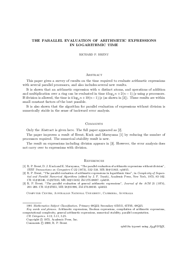 (PDF) The Parallel Evaluation of Arithmetic Expressions in Logarithmic Time