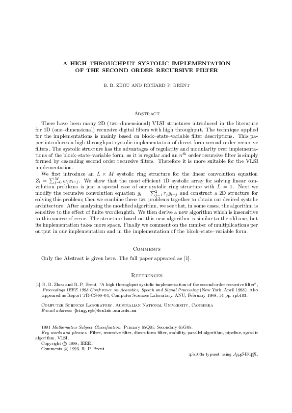 (PDF) A high throughput systolic implementation of the second order ...
