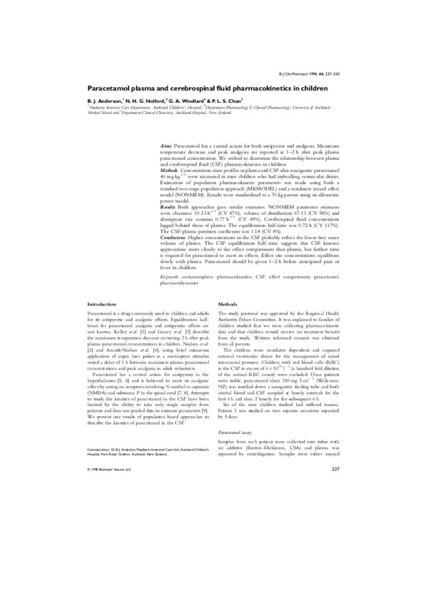 (PDF) Paracetamol plasma and cerebrospinal fluid pharmacokinetics in ...