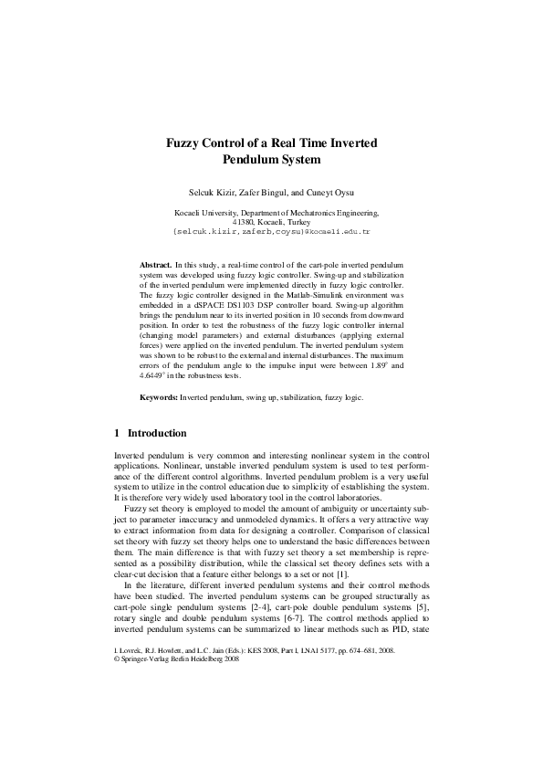 (PDF) Fuzzy Control of a Real Time Inverted Pendulum System