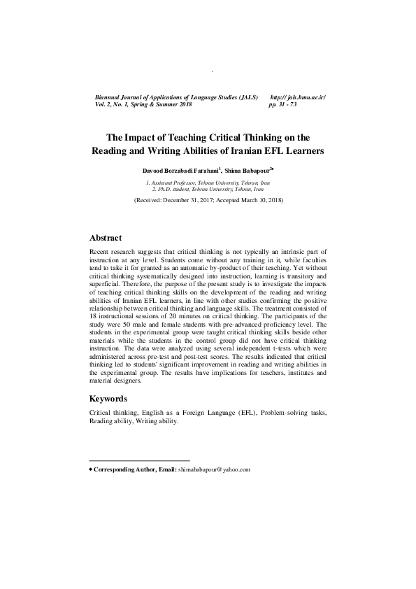 (PDF) The Impact of Teaching Critical Thinking on the Reading and ...