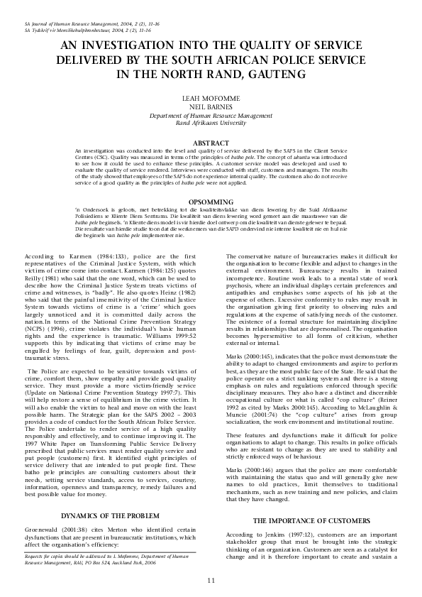 (PDF) An Investigation Into The Quality Of Service Delivered By The ...