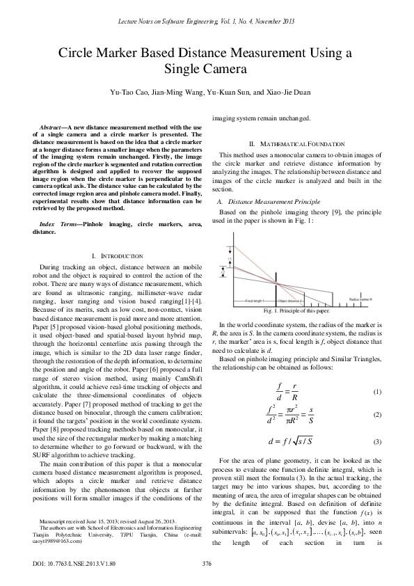 (PDF) Circle Marker Based Distance Measurement Using a Single Camera