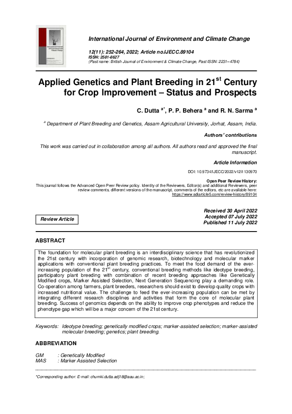 (PDF) Applied Genetics and Plant Breeding in 21st Century for Crop ...