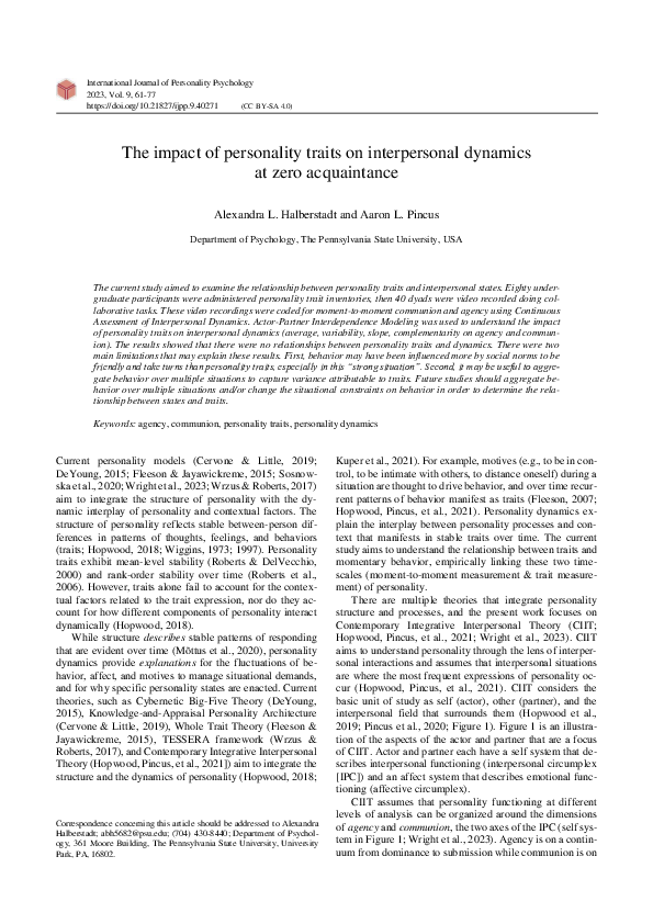 (PDF) The impact of personality traits on interpersonal dynamics at ...