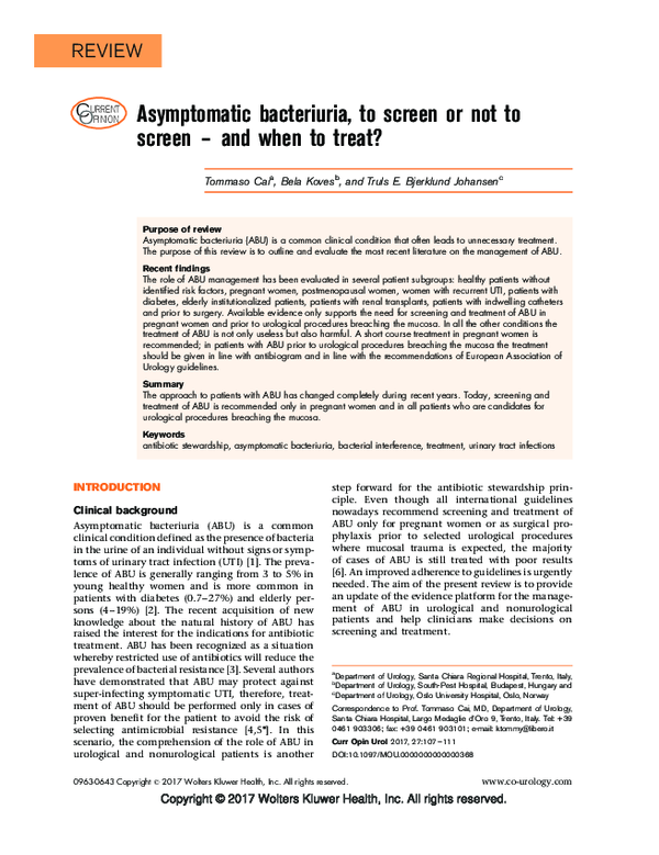 (PDF) Asymptomatic bacteriuria, to screen or not to screen – and when ...