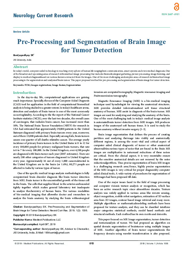 (PDF) Pre-processing and Segmentation of Brain Image for Tumor Detection