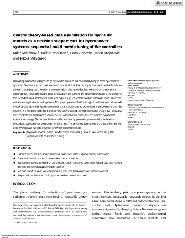 (PDF) Control theory-based data assimilation for hydraulic models as a ...
