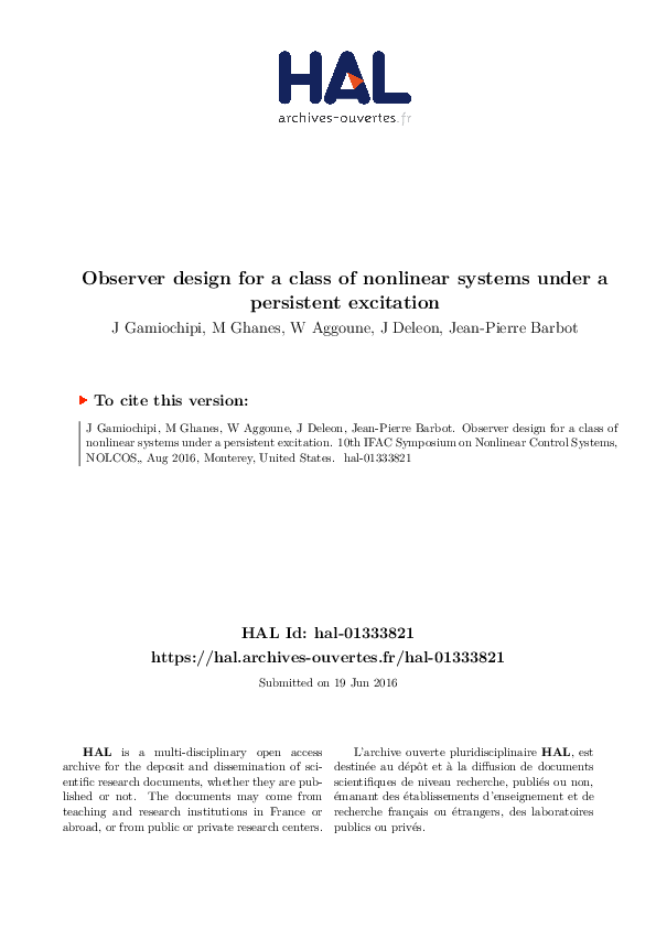 (PDF) Observer design for a class of nonlinear systems under a ...
