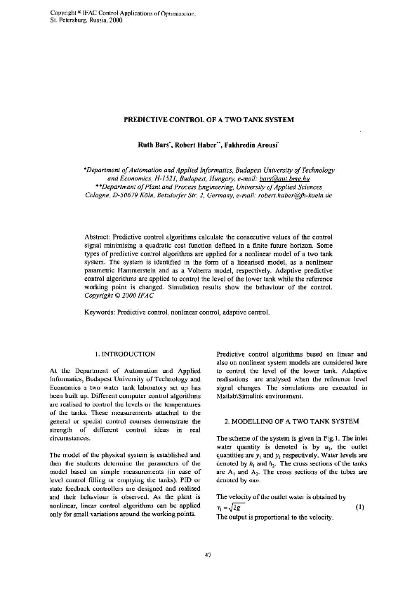 (PDF) Predictive Control of a Two Tank System