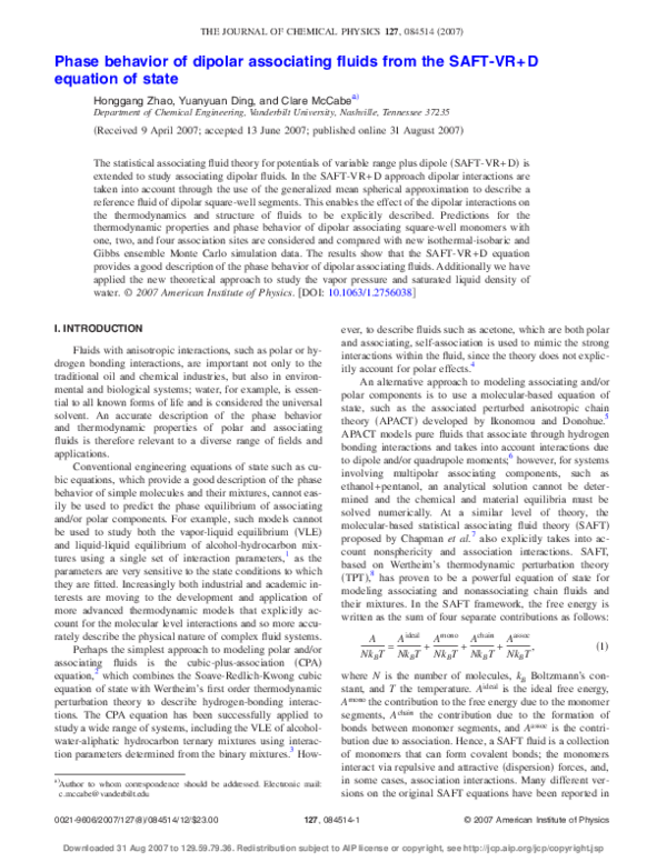 (PDF) Phase behavior of dipolar associating fluids from the SAFT-VR+D ...