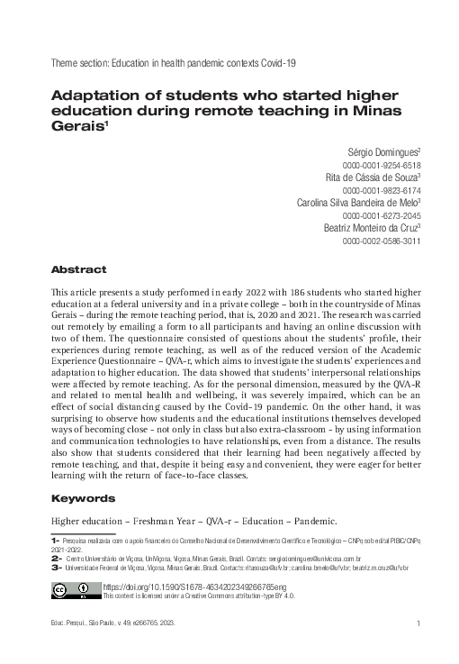 (PDF) Adaptation of students who started higher education during remote ...