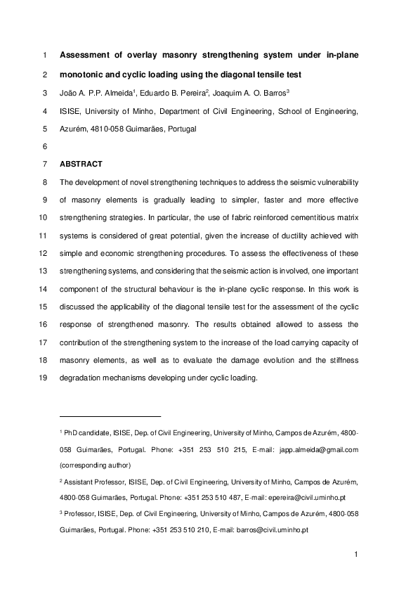 (PDF) Assessment of overlay masonry strengthening system under in-plane ...