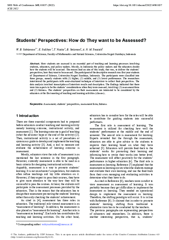 (PDF) Students’ Perspectives: How do They want to be Assessed?