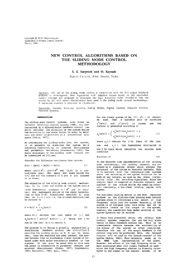 (PDF) New Control Algorithms Based on the Sliding Mode Control Methodology