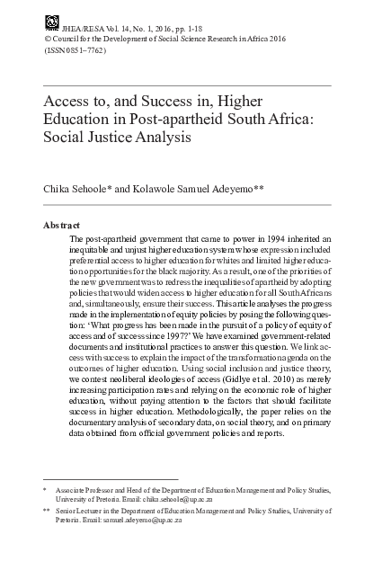 (PDF) 1 - Access to, and Success in, Higher Education in Post-apartheid ...