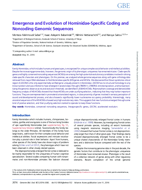 (PDF) Emergence and Evolution of Hominidae-Specific Coding and ...