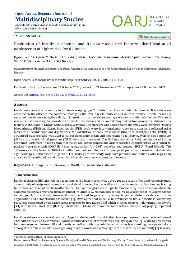 (PDF) Evaluation of insulin resistance and its associated risk factors ...