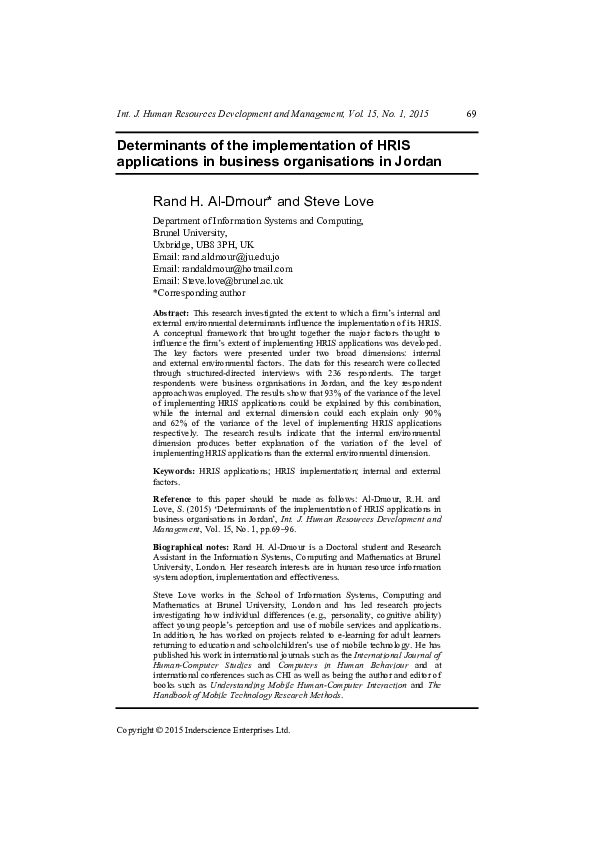 (PDF) Determinants of the implementation of HRIS applications in ...
