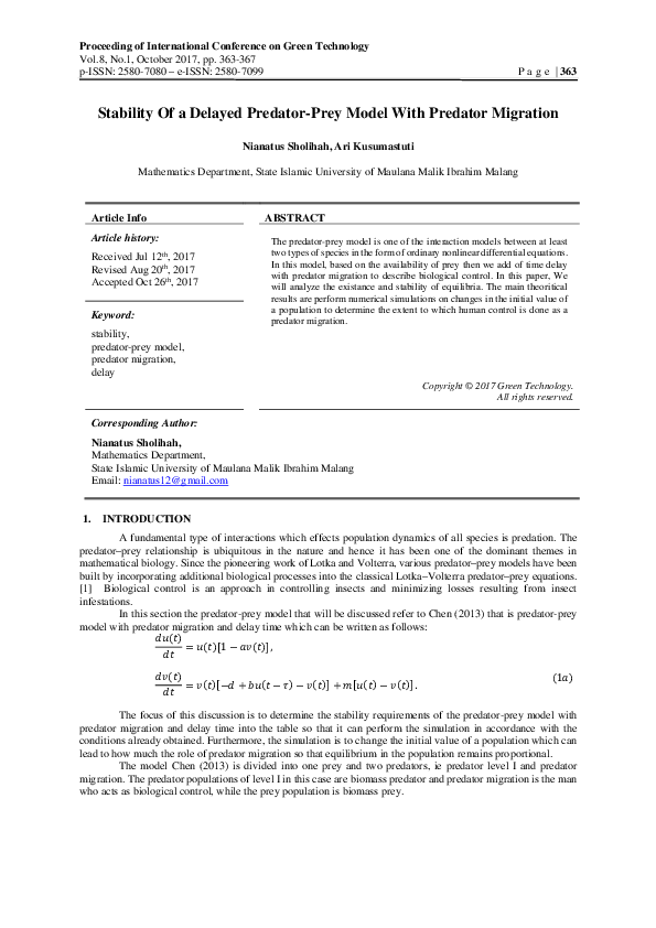 (PDF) Stability Of a Delayed Predator-Prey Model With Predator Migration