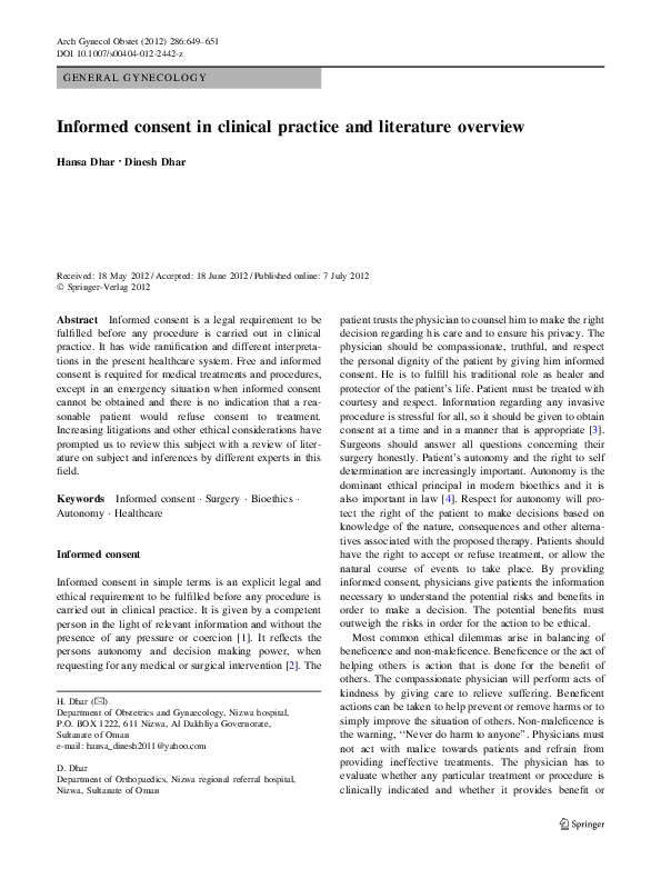 (PDF) Informed consent in clinical practice and literature overview